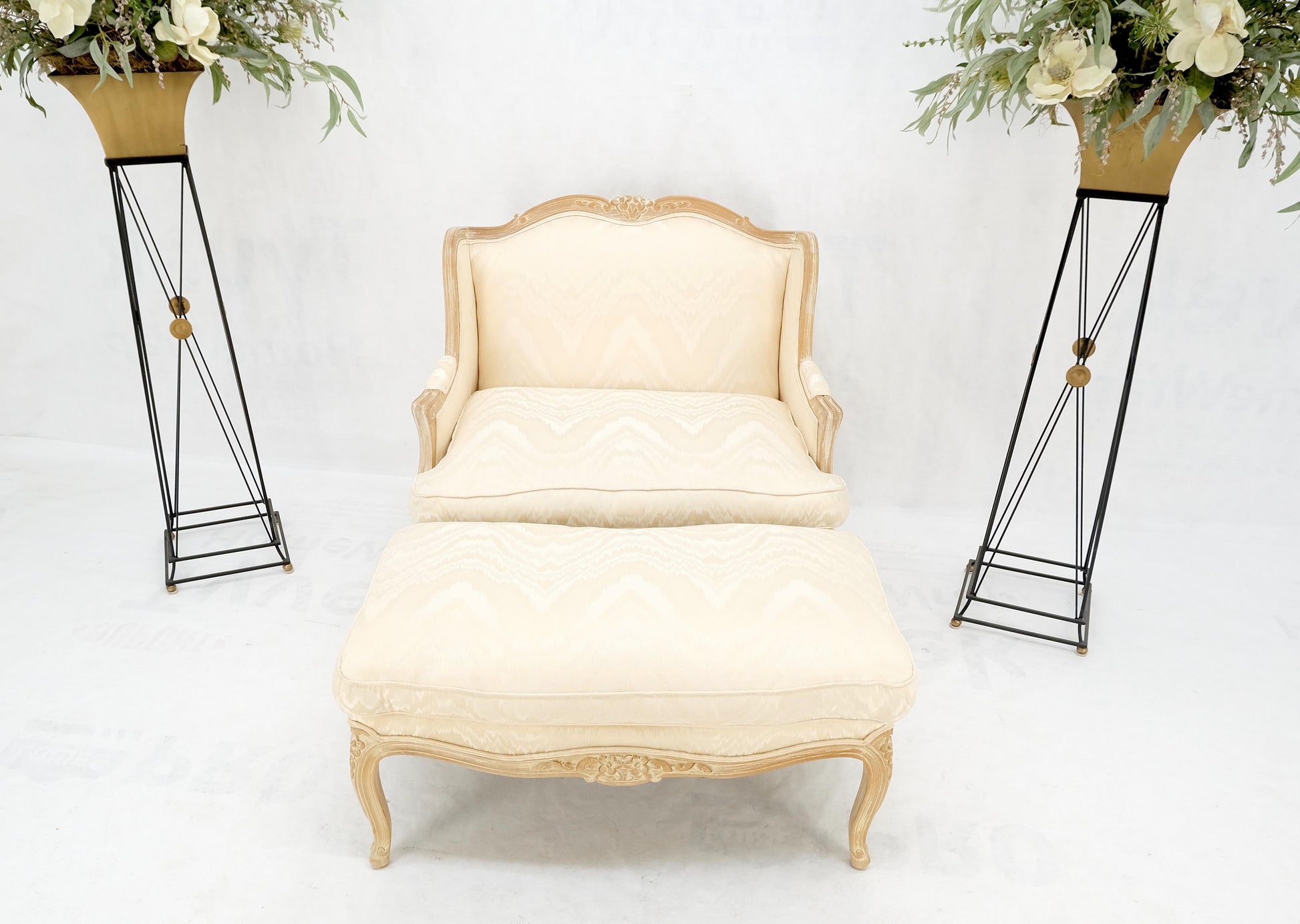EstablishedLines Extra Wide Country French Lounge Chair W/ Matching Ottoman Beige Upholstery Mint