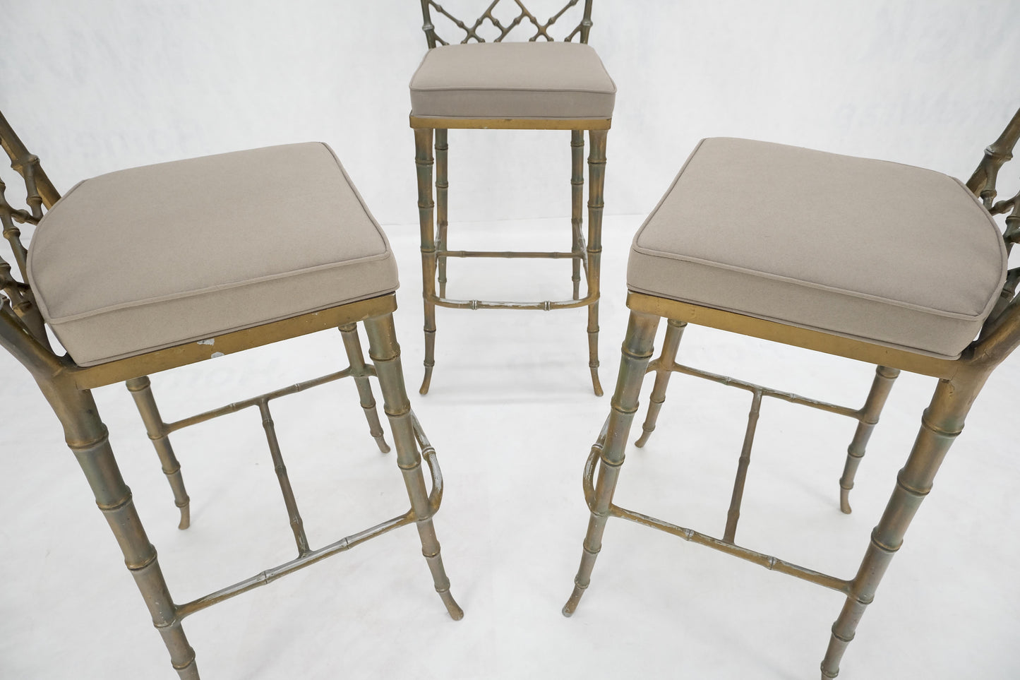 EstablishedLines Cast Aluminum set of 3 Faux Bamboo Bar Stools New Alcantera Fabric Upholstery
