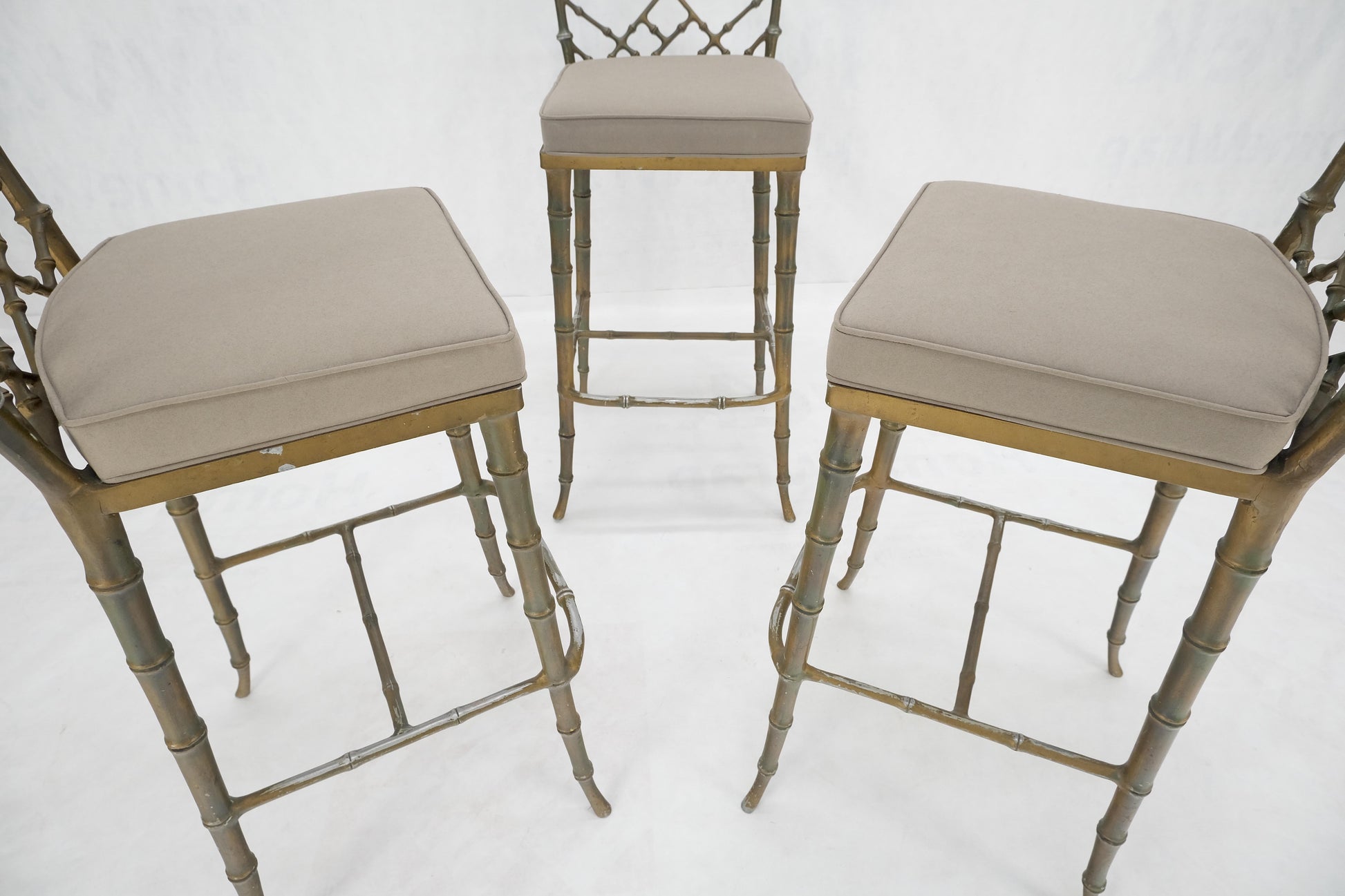 EstablishedLines Cast Aluminum set of 3 Faux Bamboo Bar Stools New Alcantera Fabric Upholstery