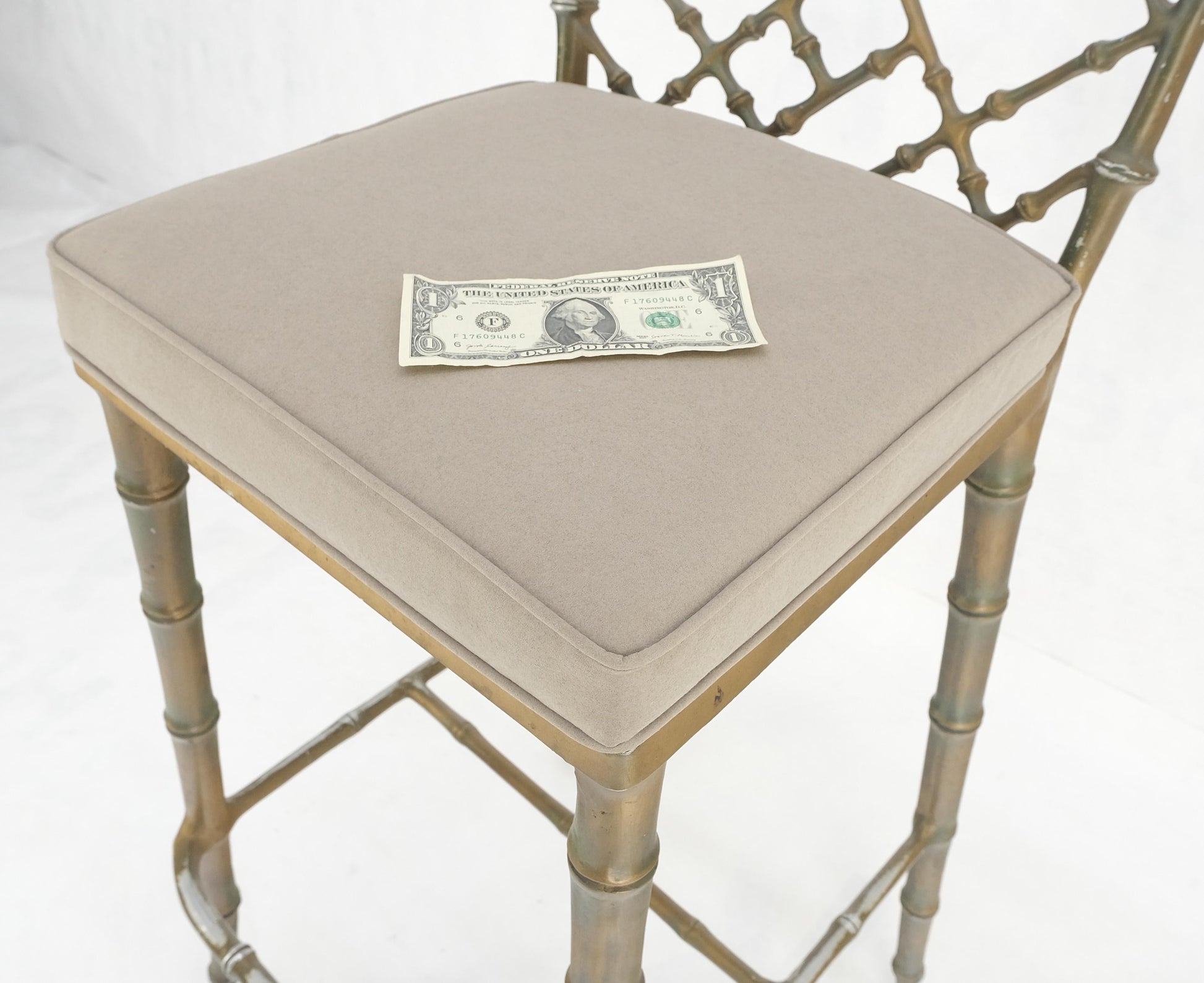EstablishedLines Cast Aluminum set of 3 Faux Bamboo Bar Stools New Alcantera Fabric Upholstery