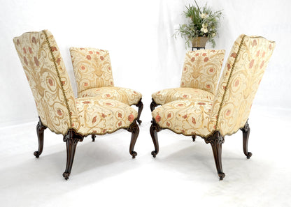 Set 4 Floral Gold & Red Upholstery Fine Carved Legs Slipper Lounge Chairs MINT!