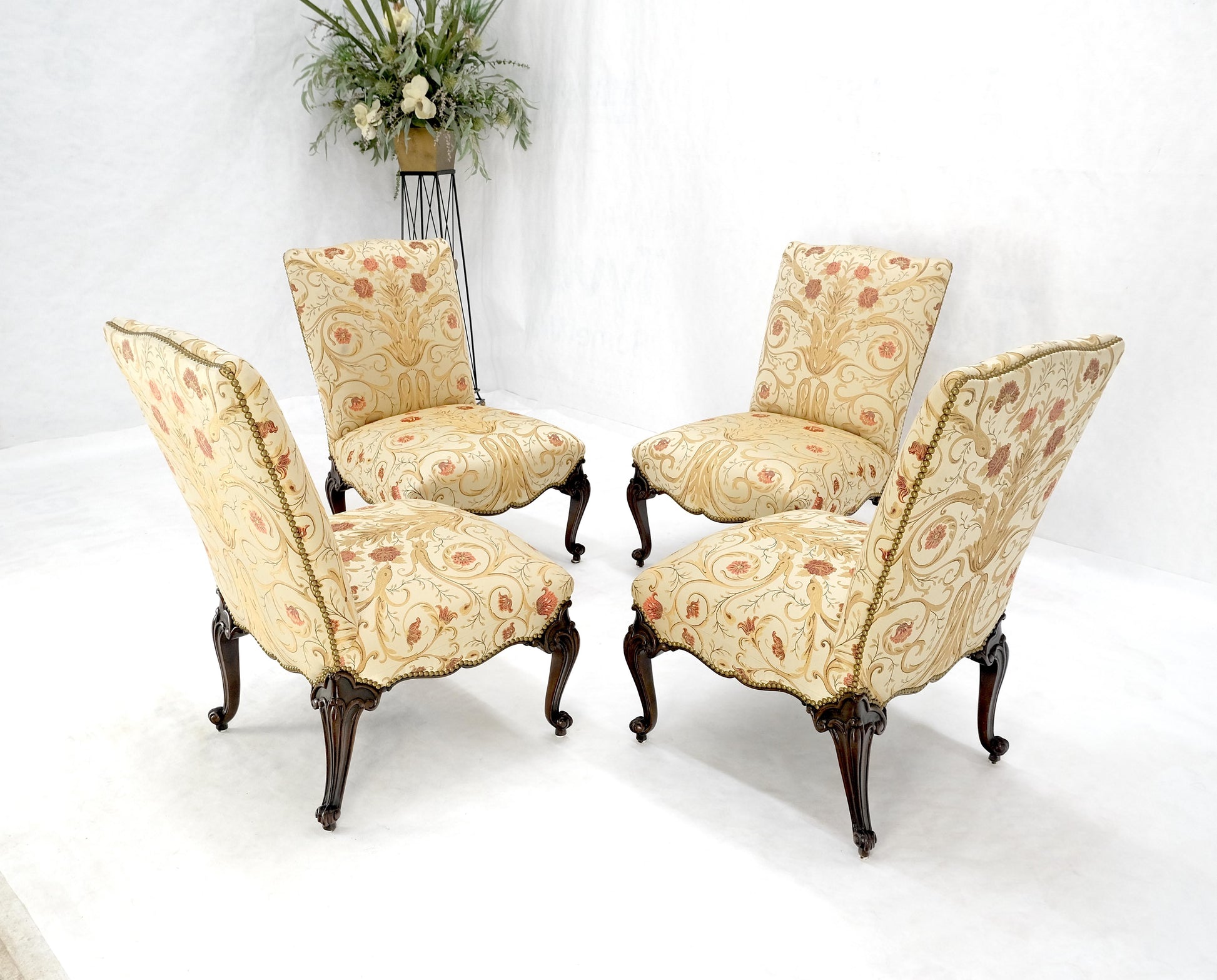 EstablishedLines Set 4 Floral Gold & Red Upholstery Fine Carved Legs Slipper Lounge Chairs MINT!