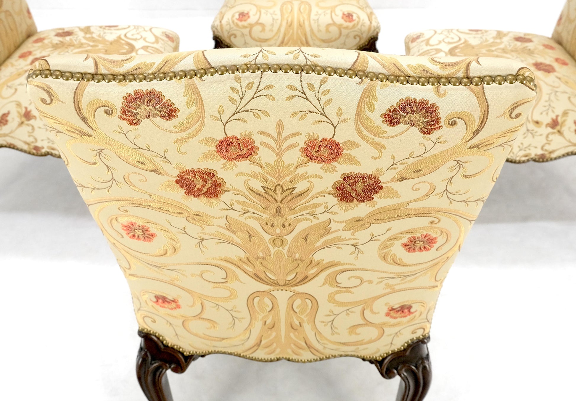 EstablishedLines Set 4 Floral Gold & Red Upholstery Fine Carved Legs Slipper Lounge Chairs MINT!