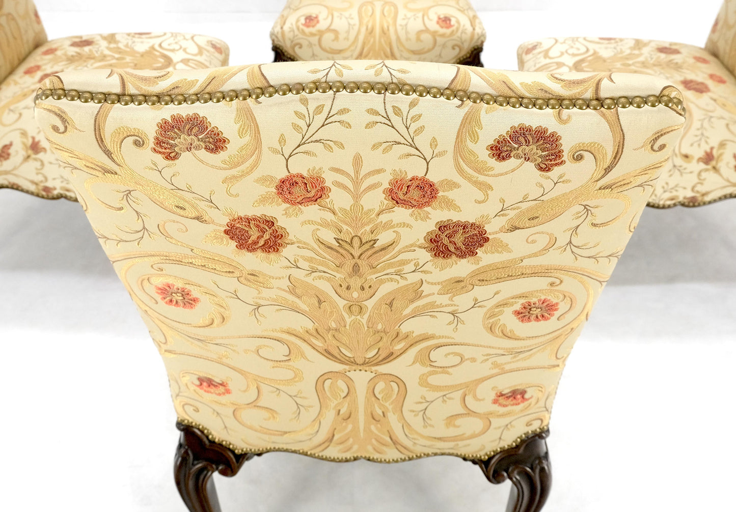 Set 4 Floral Gold & Red Upholstery Fine Carved Legs Slipper Lounge Chairs MINT!