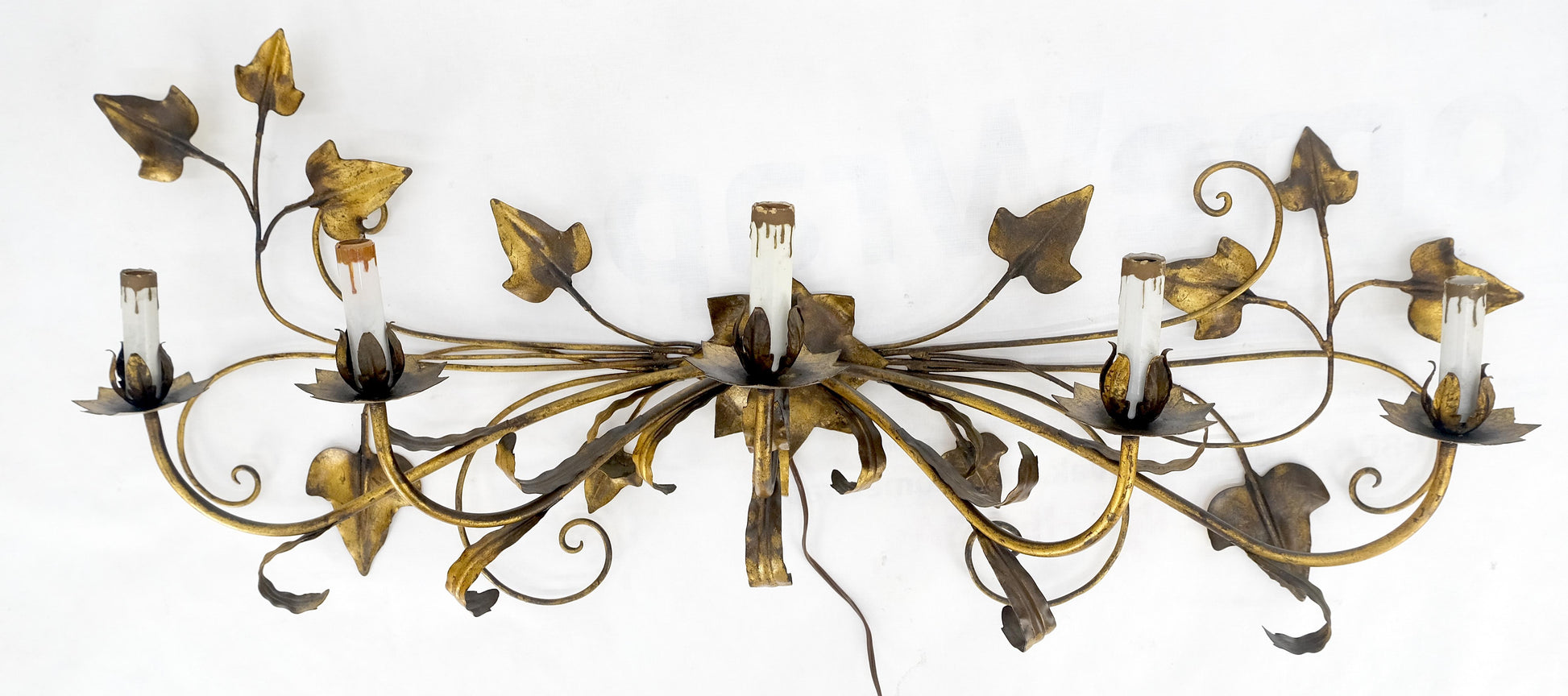 EstablishedLines Gilt Metal Grape Leaf 5 Candles Style Decorative Sconce Wall Light Fixture Italy