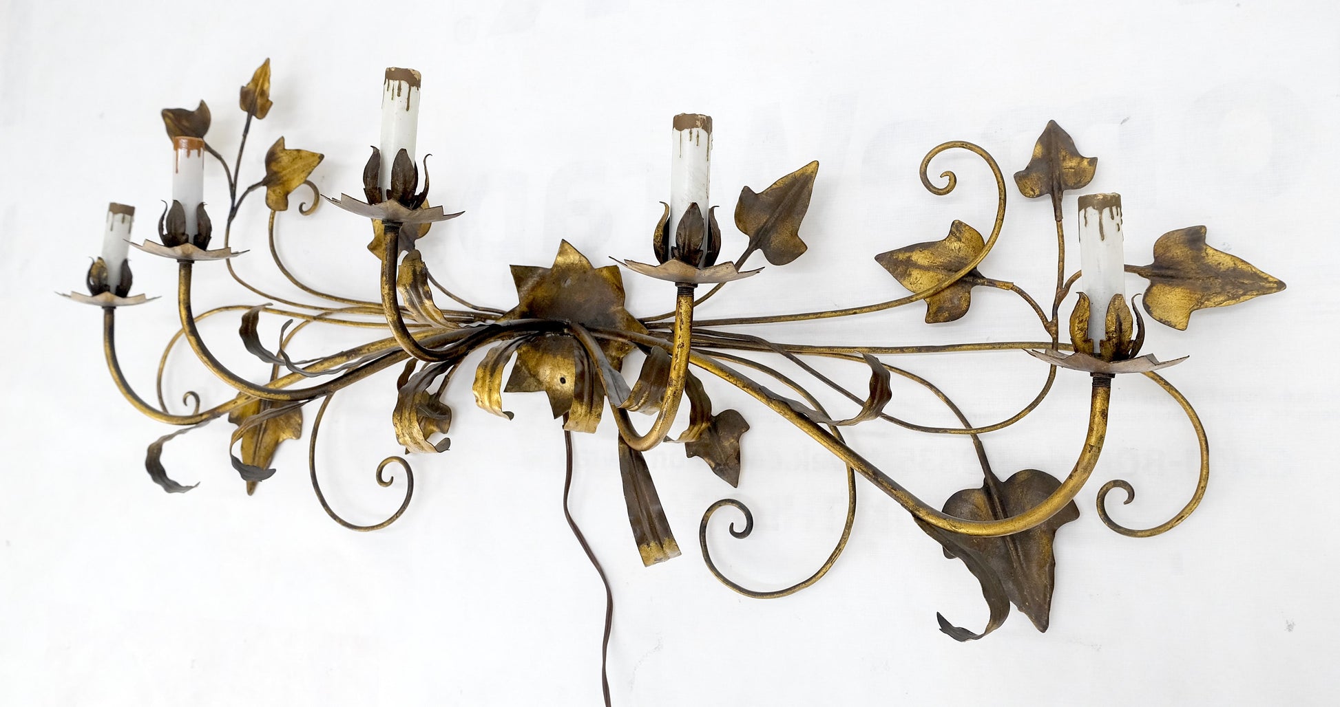 EstablishedLines Gilt Metal Grape Leaf 5 Candles Style Decorative Sconce Wall Light Fixture Italy