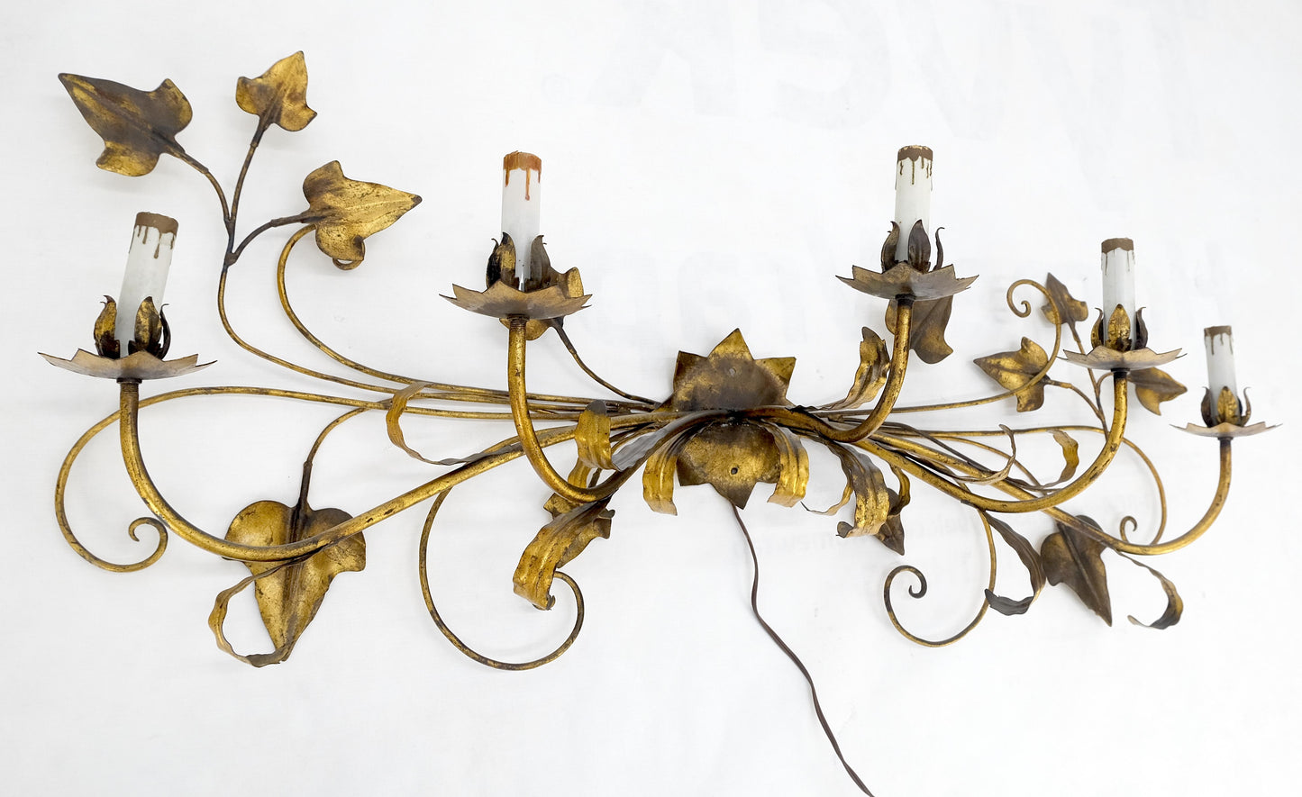 EstablishedLines Gilt Metal Grape Leaf 5 Candles Style Decorative Sconce Wall Light Fixture Italy