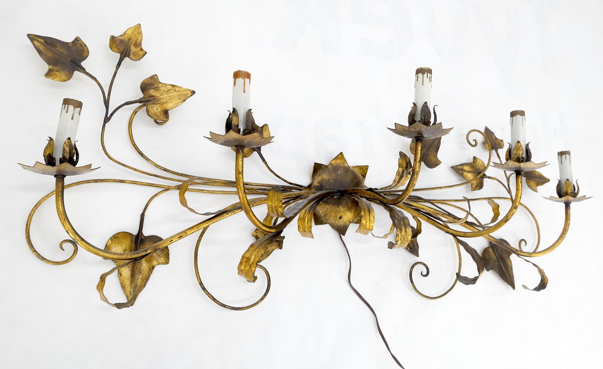 EstablishedLines Gilt Metal Grape Leaf 5 Candles Style Decorative Sconce Wall Light Fixture Italy