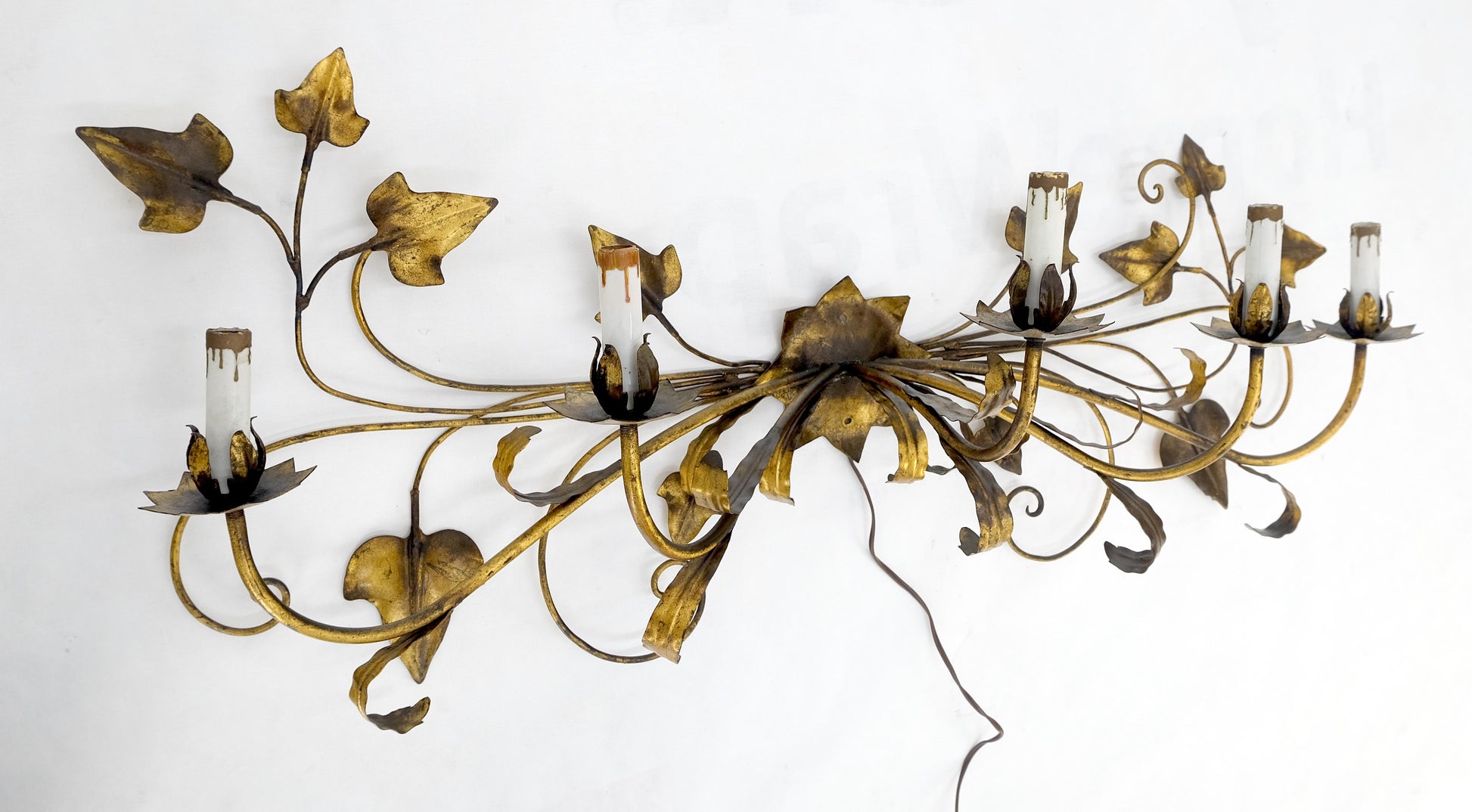 EstablishedLines Gilt Metal Grape Leaf 5 Candles Style Decorative Sconce Wall Light Fixture Italy