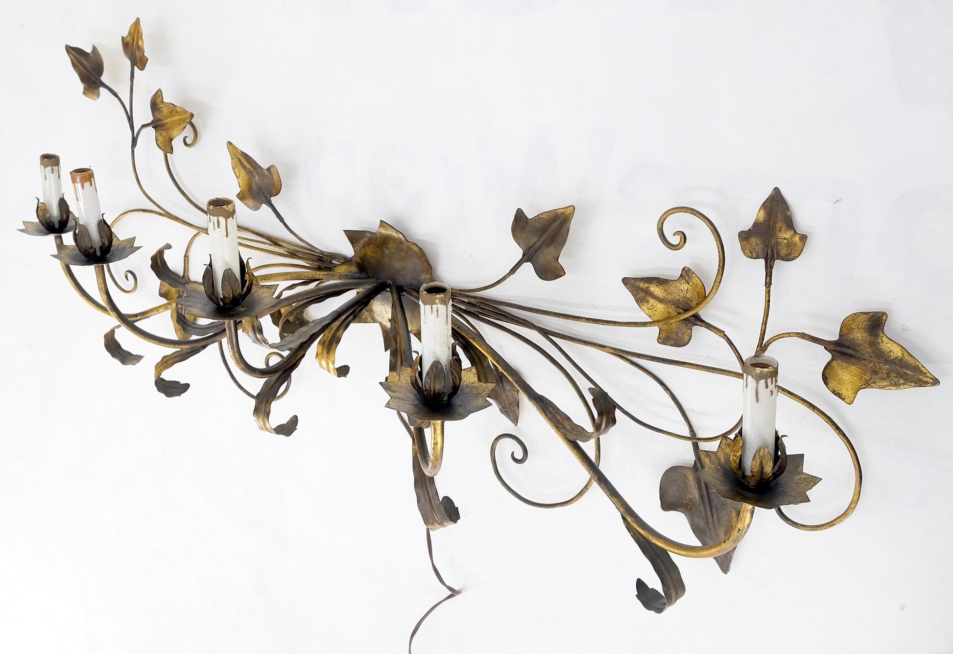 EstablishedLines Gilt Metal Grape Leaf 5 Candles Style Decorative Sconce Wall Light Fixture Italy