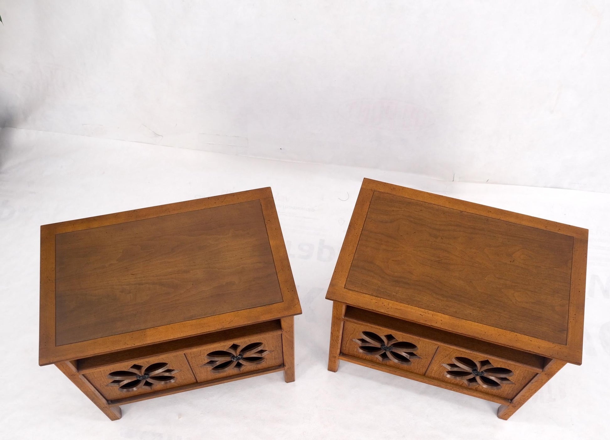 EstablishedLines Pair Double Door Pierced Carved Doors Compartment Night Stands End Tables Mint