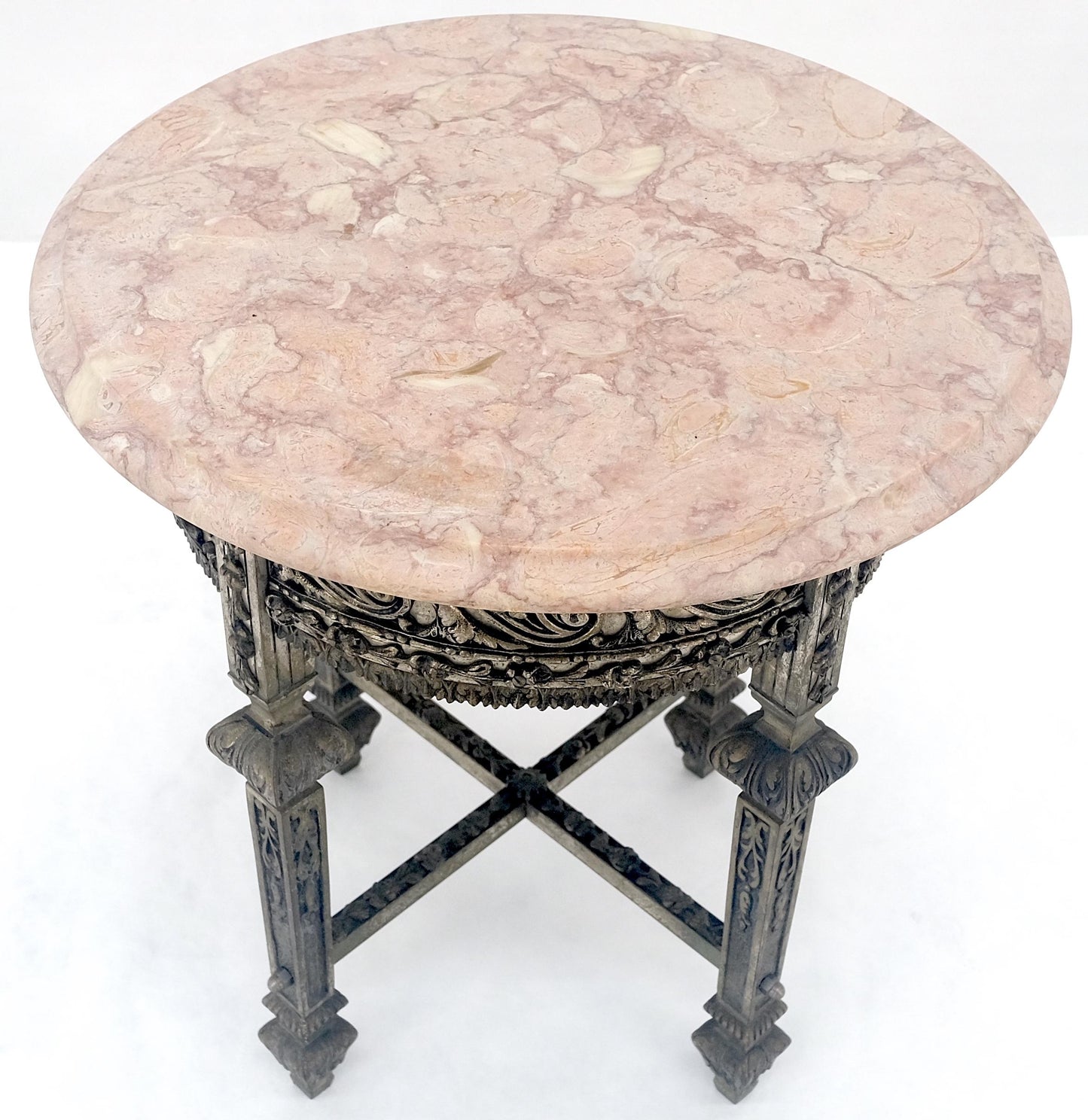 EstablishedLines c1920s Round Pink Marble Top Cast Metal Base Side End lamp Table Stand