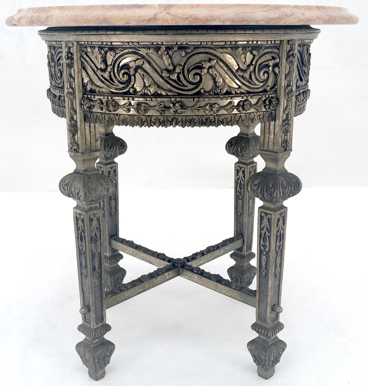 EstablishedLines c1920s Round Pink Marble Top Cast Metal Base Side End lamp Table Stand