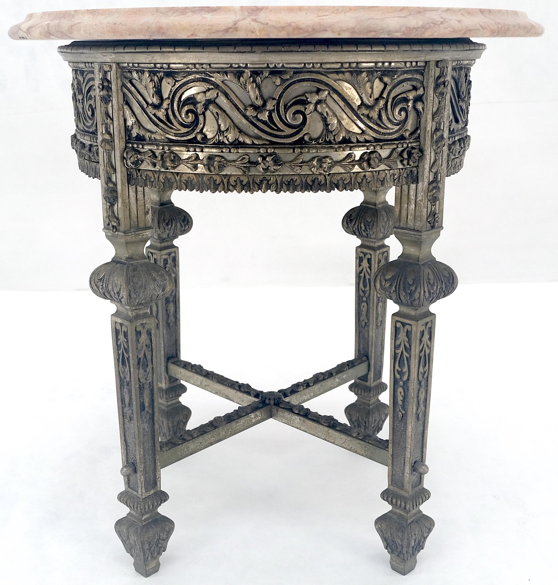 EstablishedLines c1920s Round Pink Marble Top Cast Metal Base Side End lamp Table Stand