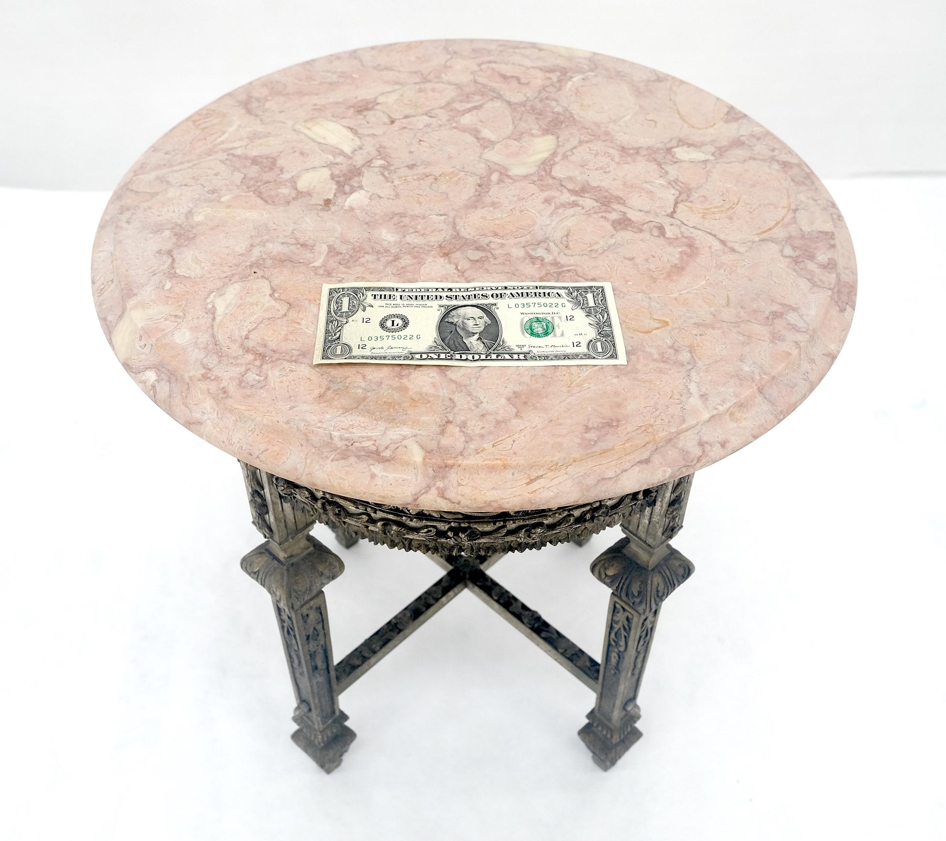 EstablishedLines c1920s Round Pink Marble Top Cast Metal Base Side End lamp Table Stand