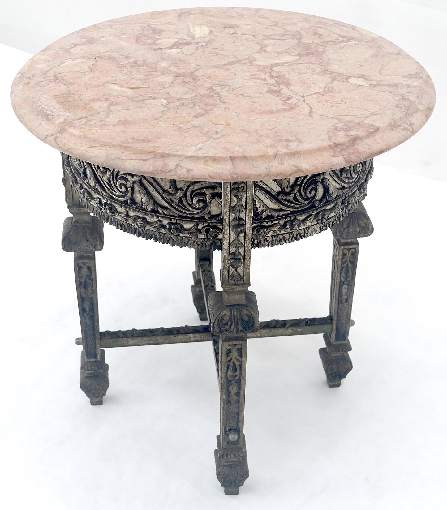EstablishedLines c1920s Round Pink Marble Top Cast Metal Base Side End lamp Table Stand