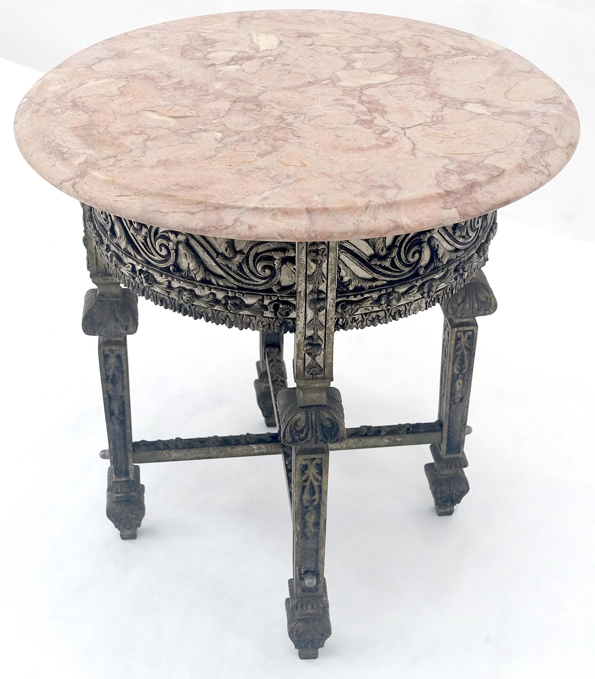 EstablishedLines c1920s Round Pink Marble Top Cast Metal Base Side End lamp Table Stand