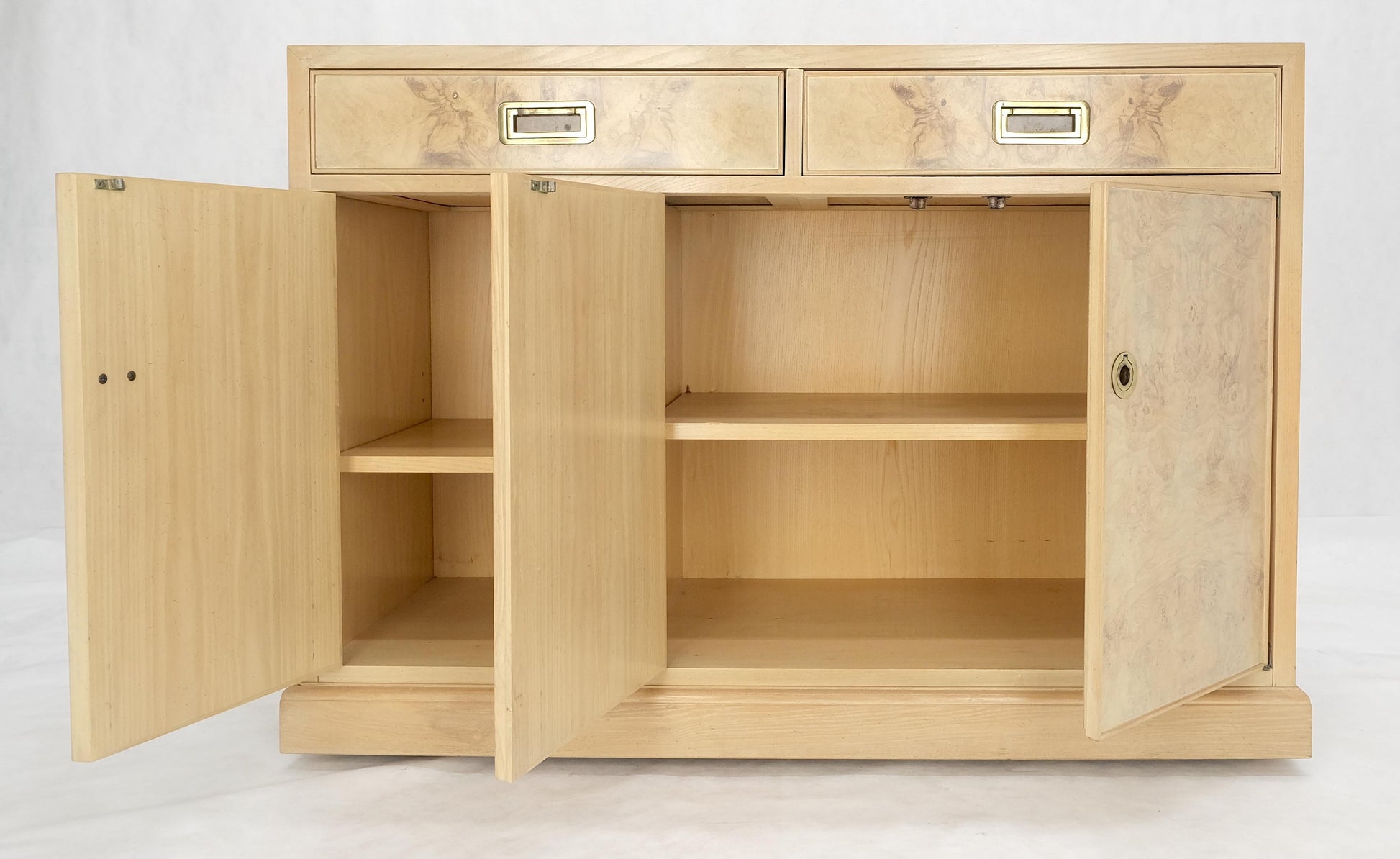 EstablishedLines White Wash Pickled Burl Wood Expandable Liquor Cabinet on Wheels Campaign Pulls