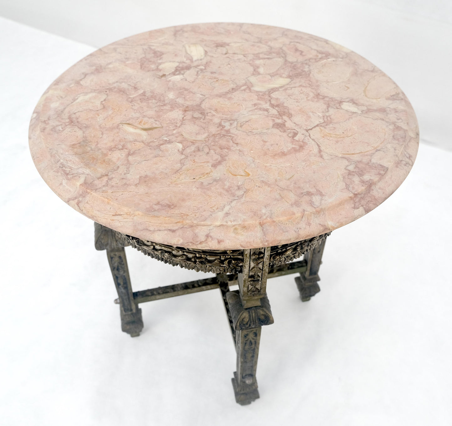 EstablishedLines c1920s Round Pink Marble Top Cast Metal Base Side End lamp Table Stand