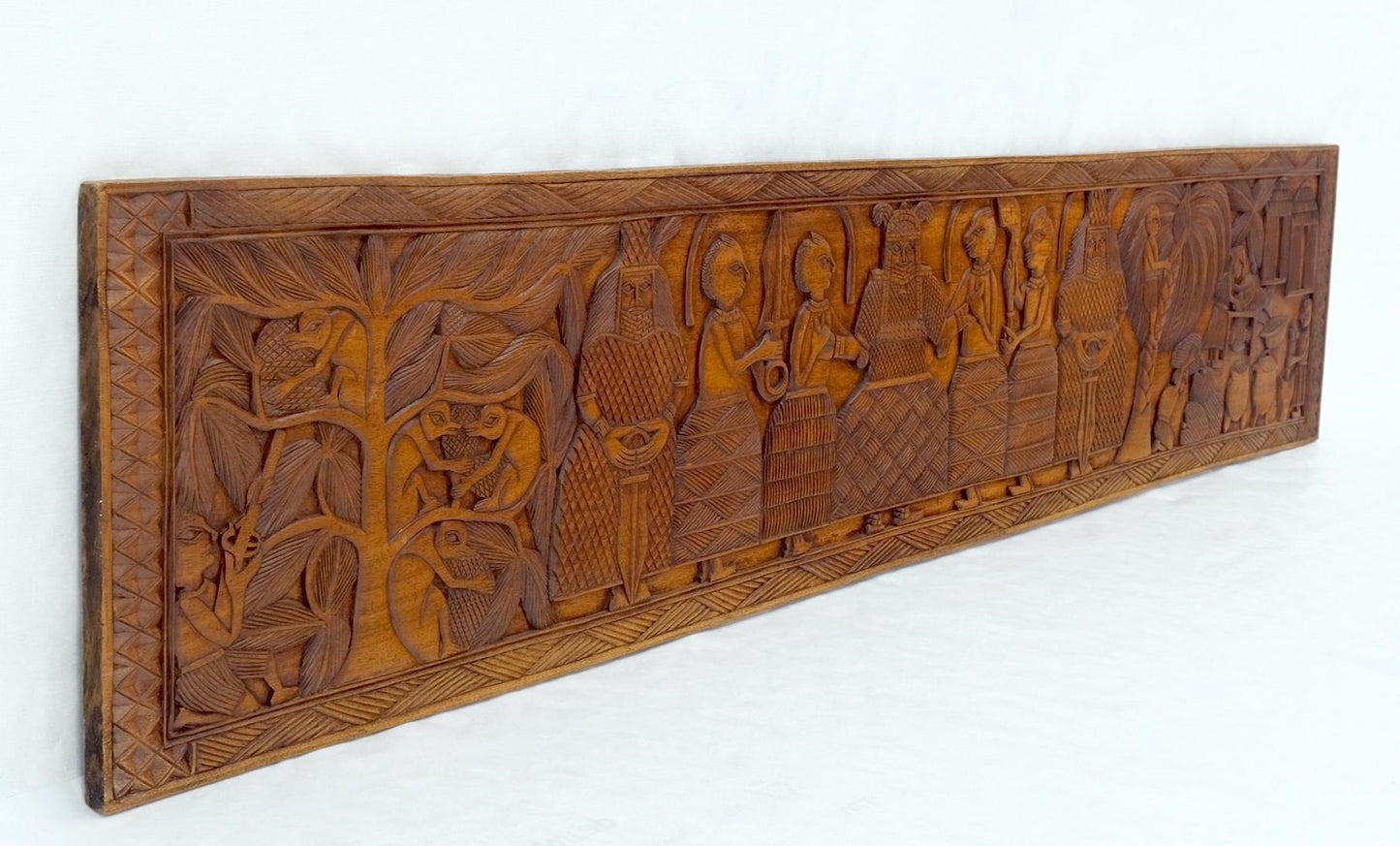 EstablishedLines Carved Solid Teak Long Rectangle Wall Plaque Relief Sculpture Depicting Villager