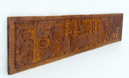 EstablishedLines Carved Solid Teak Long Rectangle Wall Plaque Relief Sculpture Depicting Villager
