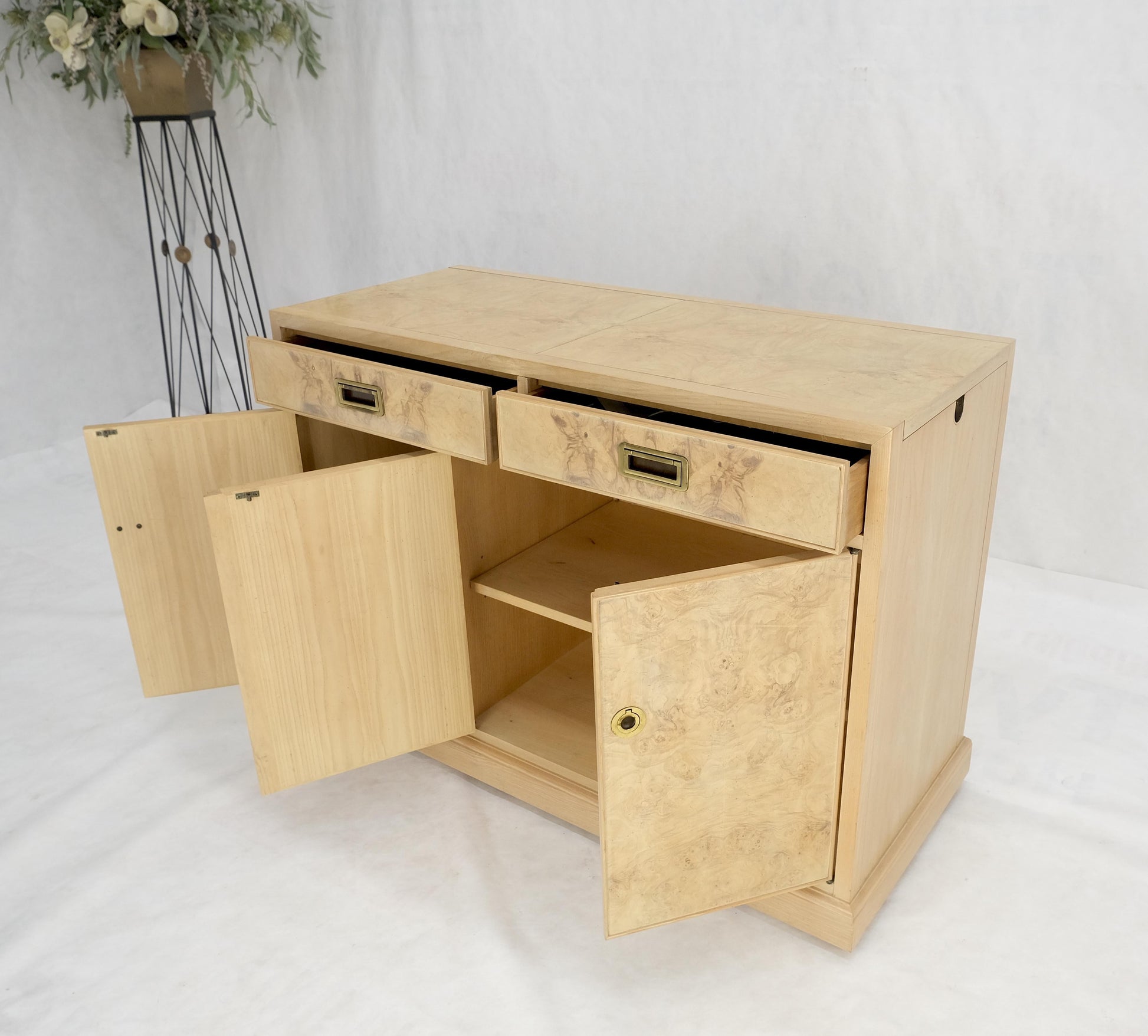 EstablishedLines White Wash Pickled Burl Wood Expandable Liquor Cabinet on Wheels Campaign Pulls
