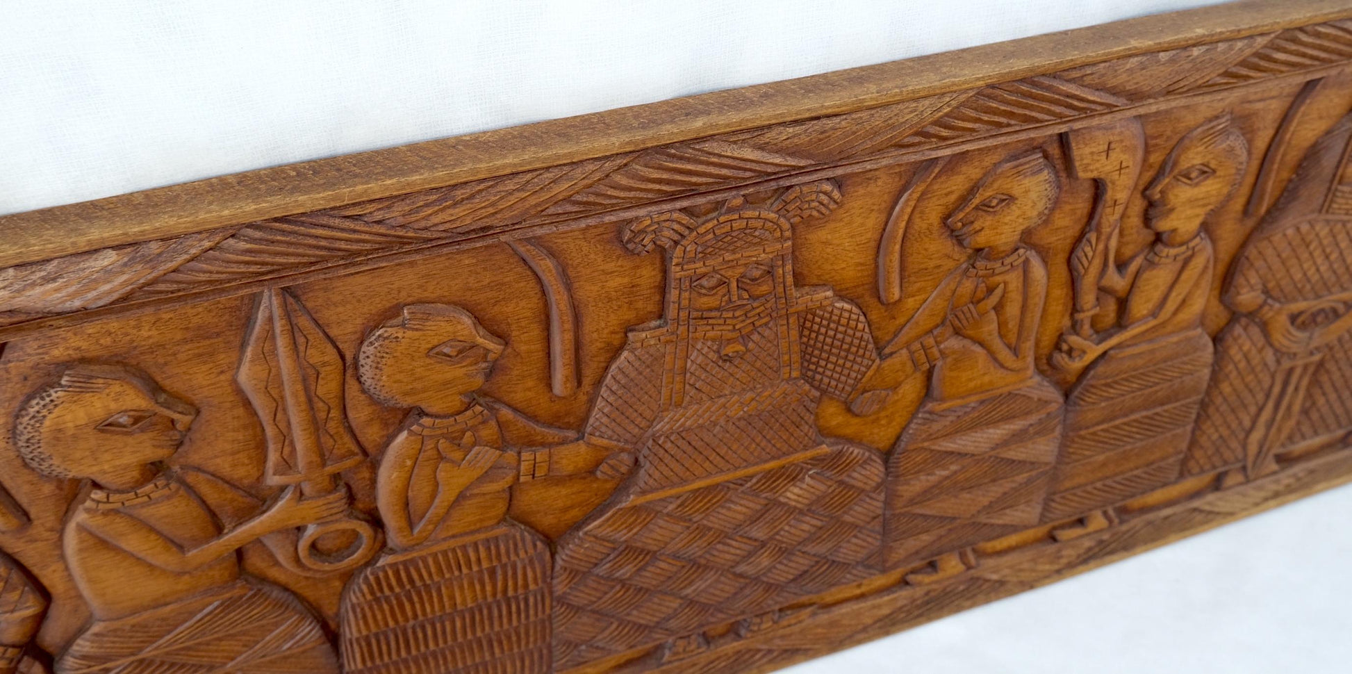 EstablishedLines Carved Solid Teak Long Rectangle Wall Plaque Relief Sculpture Depicting Villager