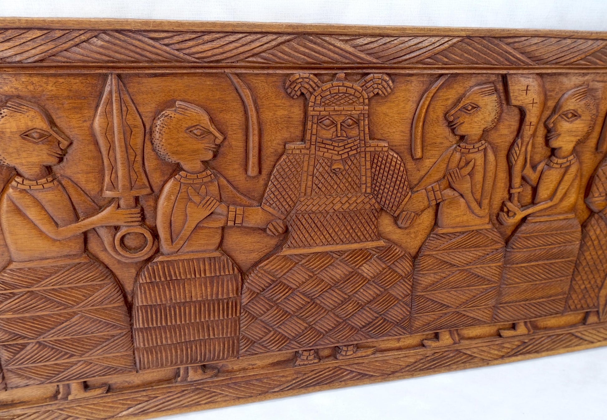 EstablishedLines Carved Solid Teak Long Rectangle Wall Plaque Relief Sculpture Depicting Villager