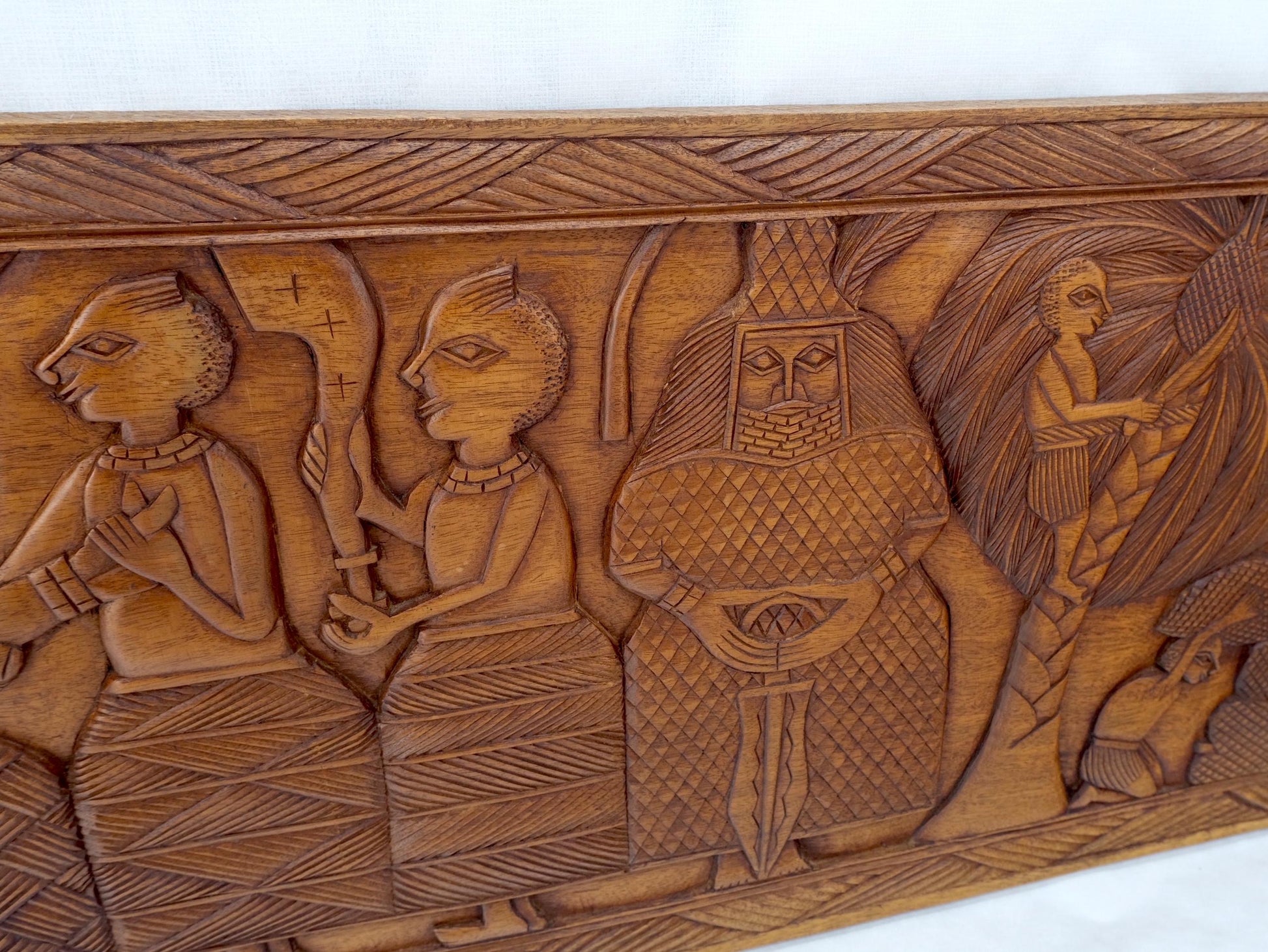 EstablishedLines Carved Solid Teak Long Rectangle Wall Plaque Relief Sculpture Depicting Villager