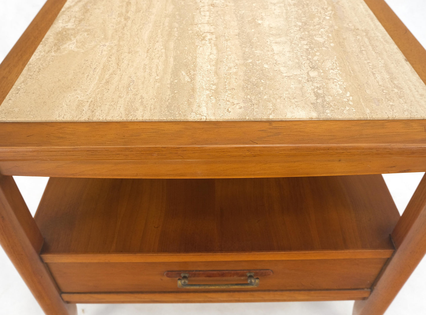 EstablishedLines Drexel Travertine Top Walnut Base Rectangle One Drawer Side End Table Stand MINT