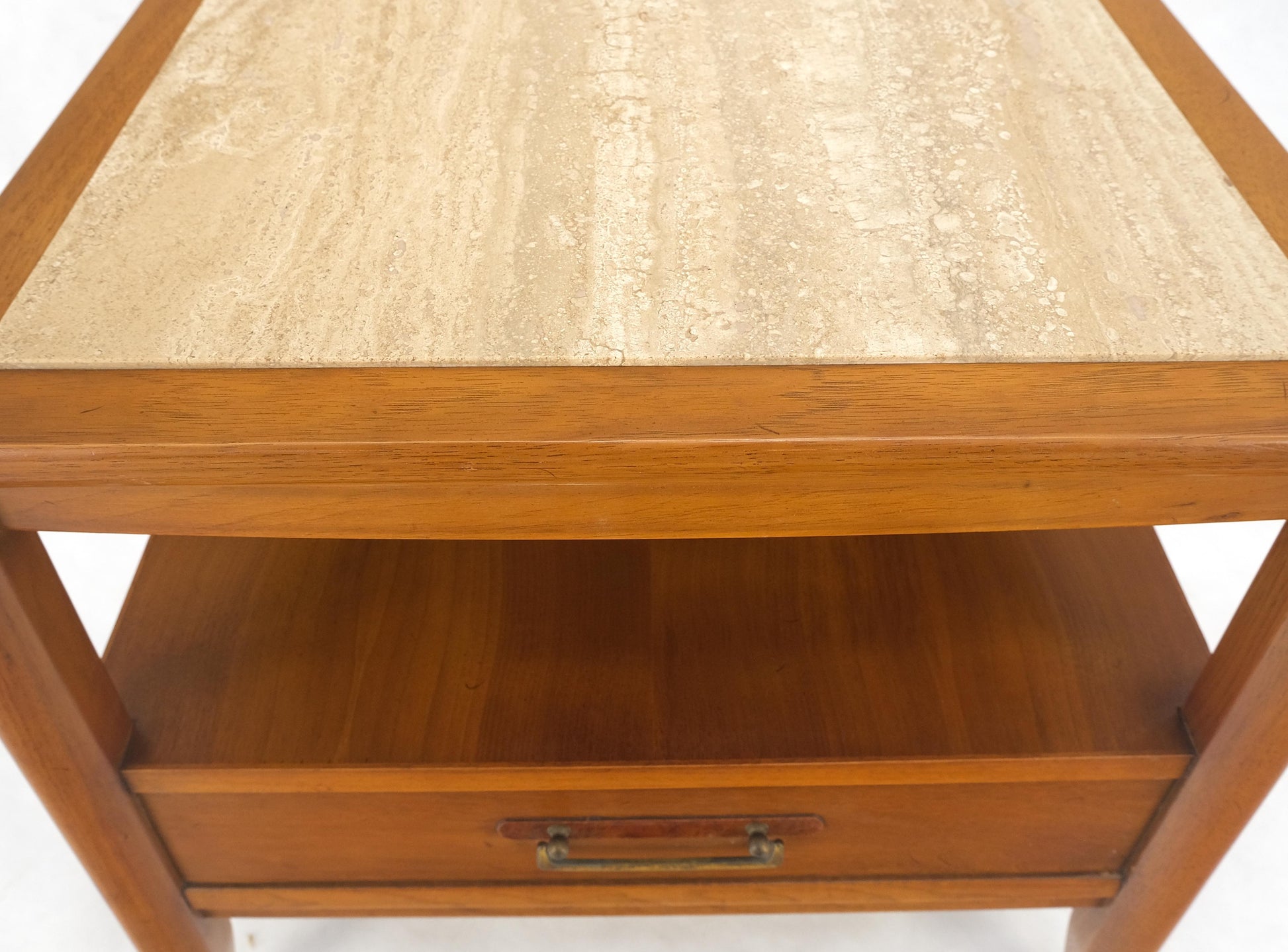 EstablishedLines Drexel Travertine Top Walnut Base Rectangle One Drawer Side End Table Stand MINT