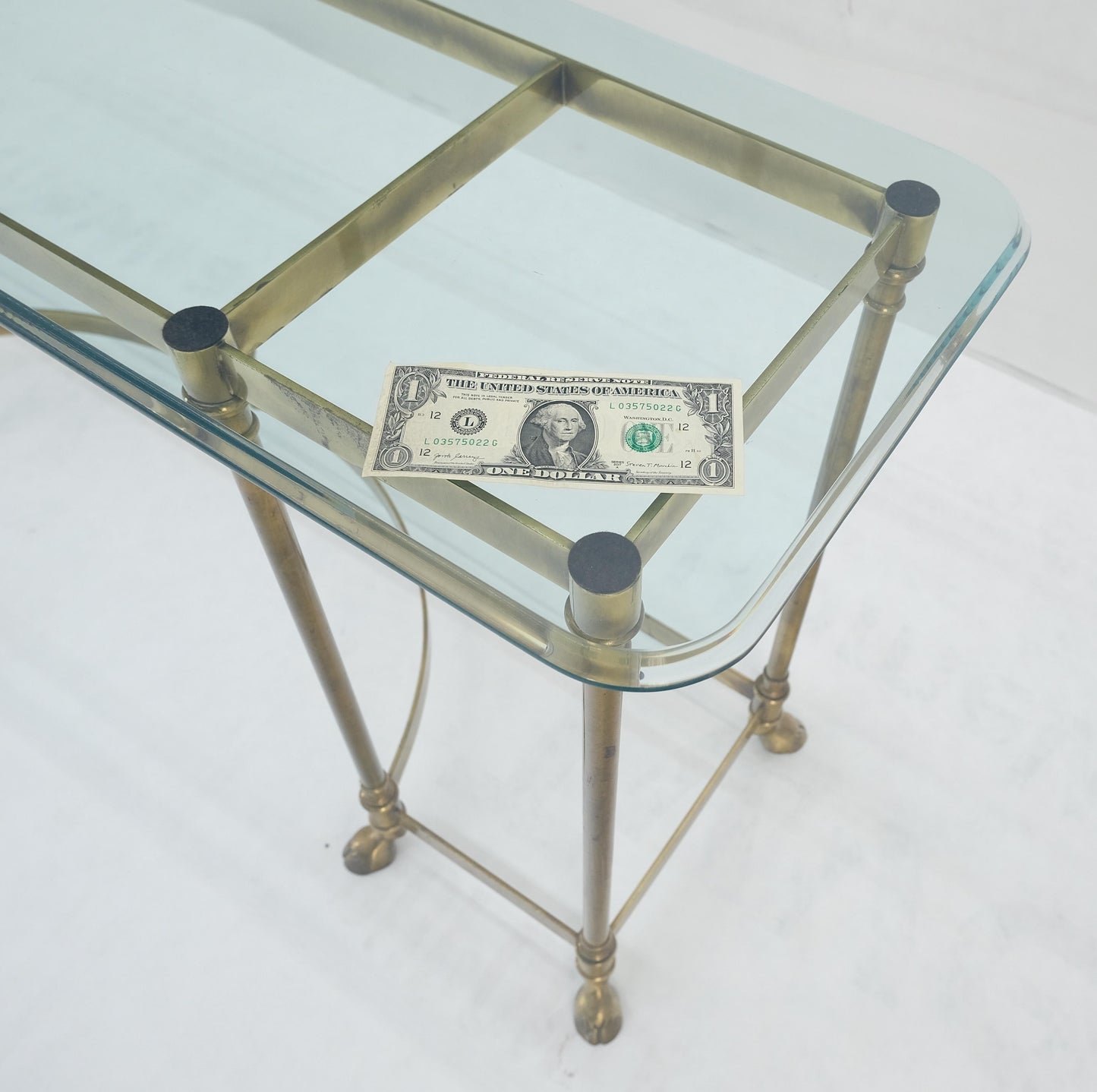 EstablishedLines Italian Hoof Feet Brass Frame Base 3/4" Glass Top Console Hall Table