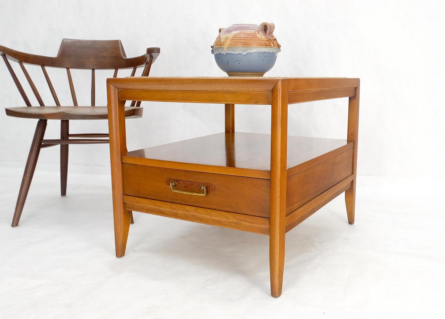 EstablishedLines Drexel Travertine Top Walnut Base Rectangle One Drawer Side End Table Stand MINT