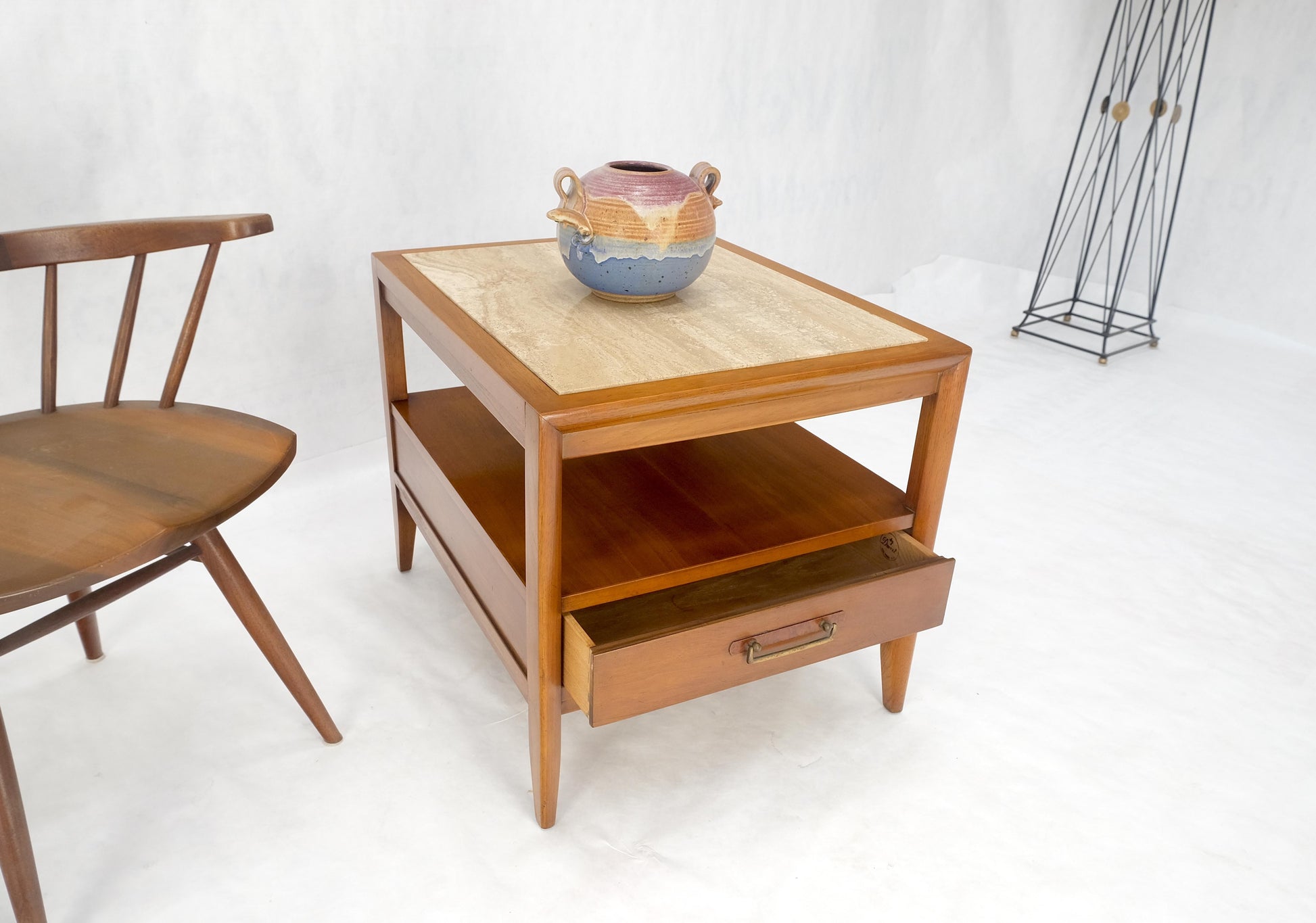 EstablishedLines Drexel Travertine Top Walnut Base Rectangle One Drawer Side End Table Stand MINT