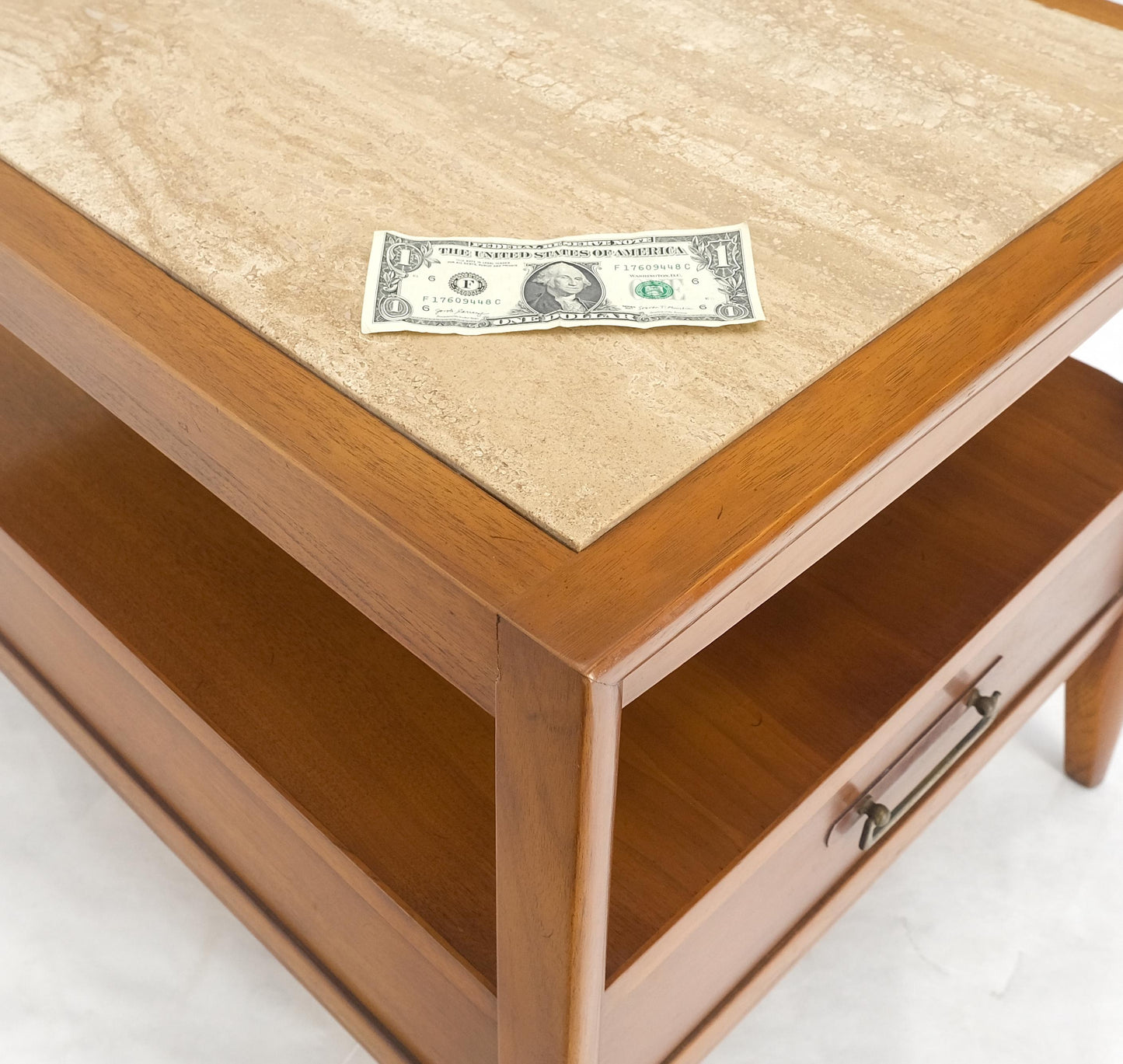 EstablishedLines Drexel Travertine Top Walnut Base Rectangle One Drawer Side End Table Stand MINT