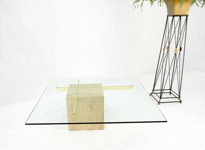 EstablishedLines Brass Travertine Base Glass Top Square Mid-Century Modern Coffee Center Table