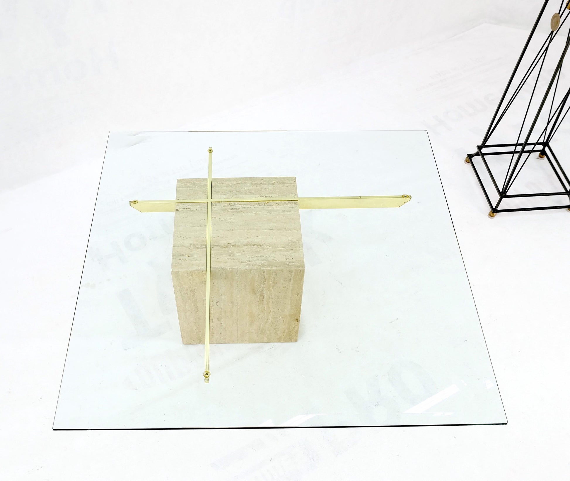 EstablishedLines Brass Travertine Base Glass Top Square Mid-Century Modern Coffee Center Table