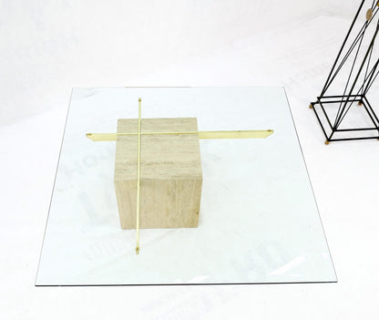 EstablishedLines Brass Travertine Base Glass Top Square Mid-Century Modern Coffee Center Table