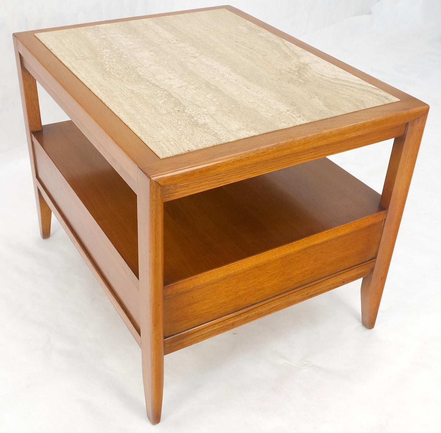EstablishedLines Drexel Travertine Top Walnut Base Rectangle One Drawer Side End Table Stand MINT
