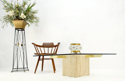 EstablishedLines Brass Travertine Base Glass Top Square Mid-Century Modern Coffee Center Table