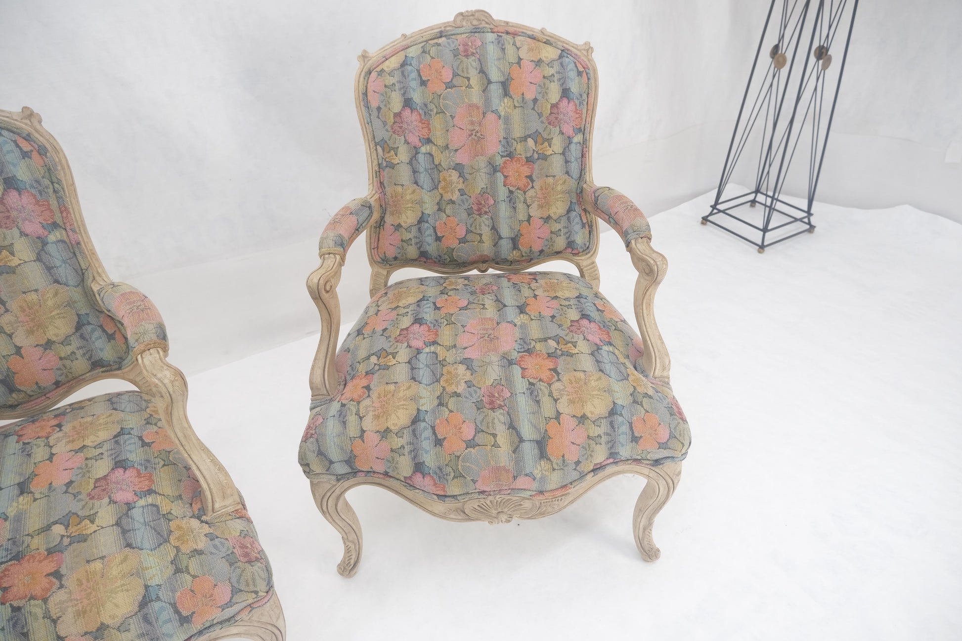 EstablishedLines Pair of French Provincial Decorative Floral Pattern Carved Arm Chairs MINT