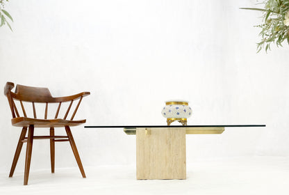 EstablishedLines Brass Travertine Base Glass Top Square Mid-Century Modern Coffee Center Table