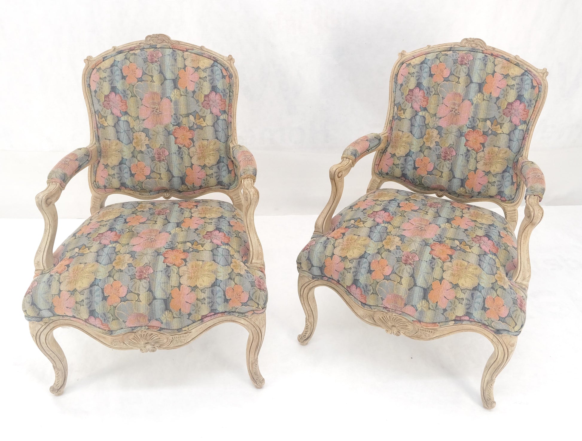 EstablishedLines Pair of French Provincial Decorative Floral Pattern Carved Arm Chairs MINT