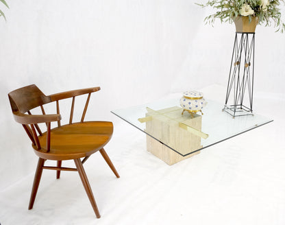 EstablishedLines Brass Travertine Base Glass Top Square Mid-Century Modern Coffee Center Table