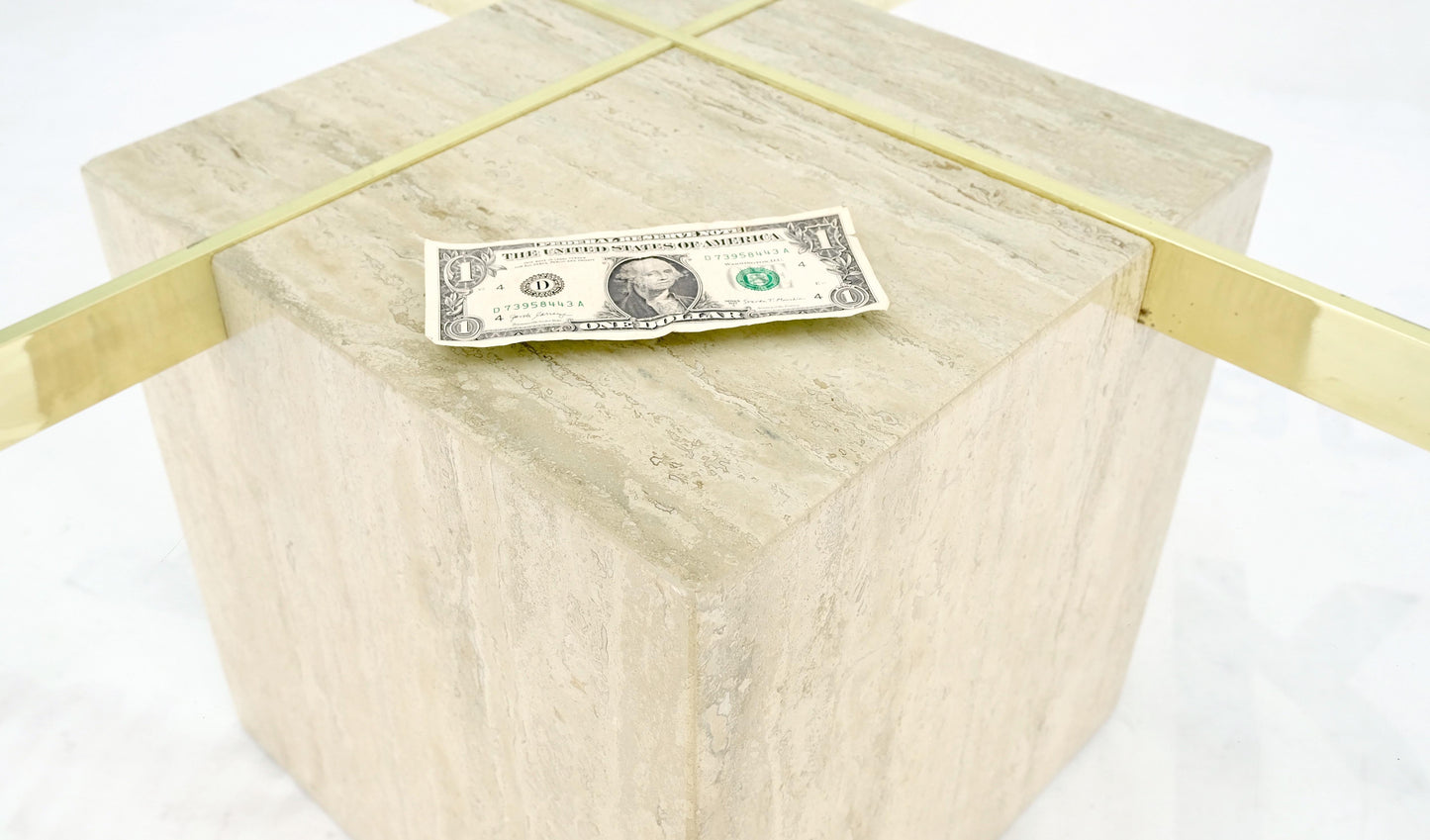 EstablishedLines Brass Travertine Base Glass Top Square Mid-Century Modern Coffee Center Table