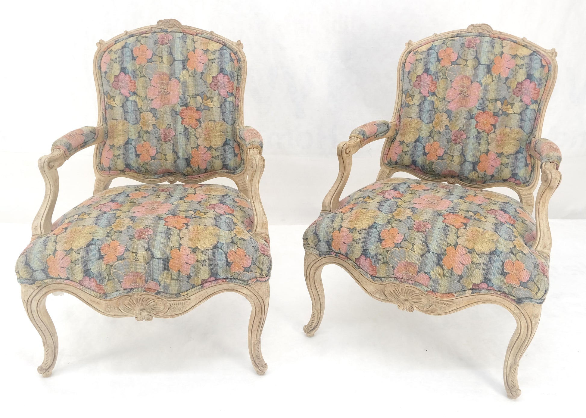 EstablishedLines Pair of French Provincial Decorative Floral Pattern Carved Arm Chairs MINT