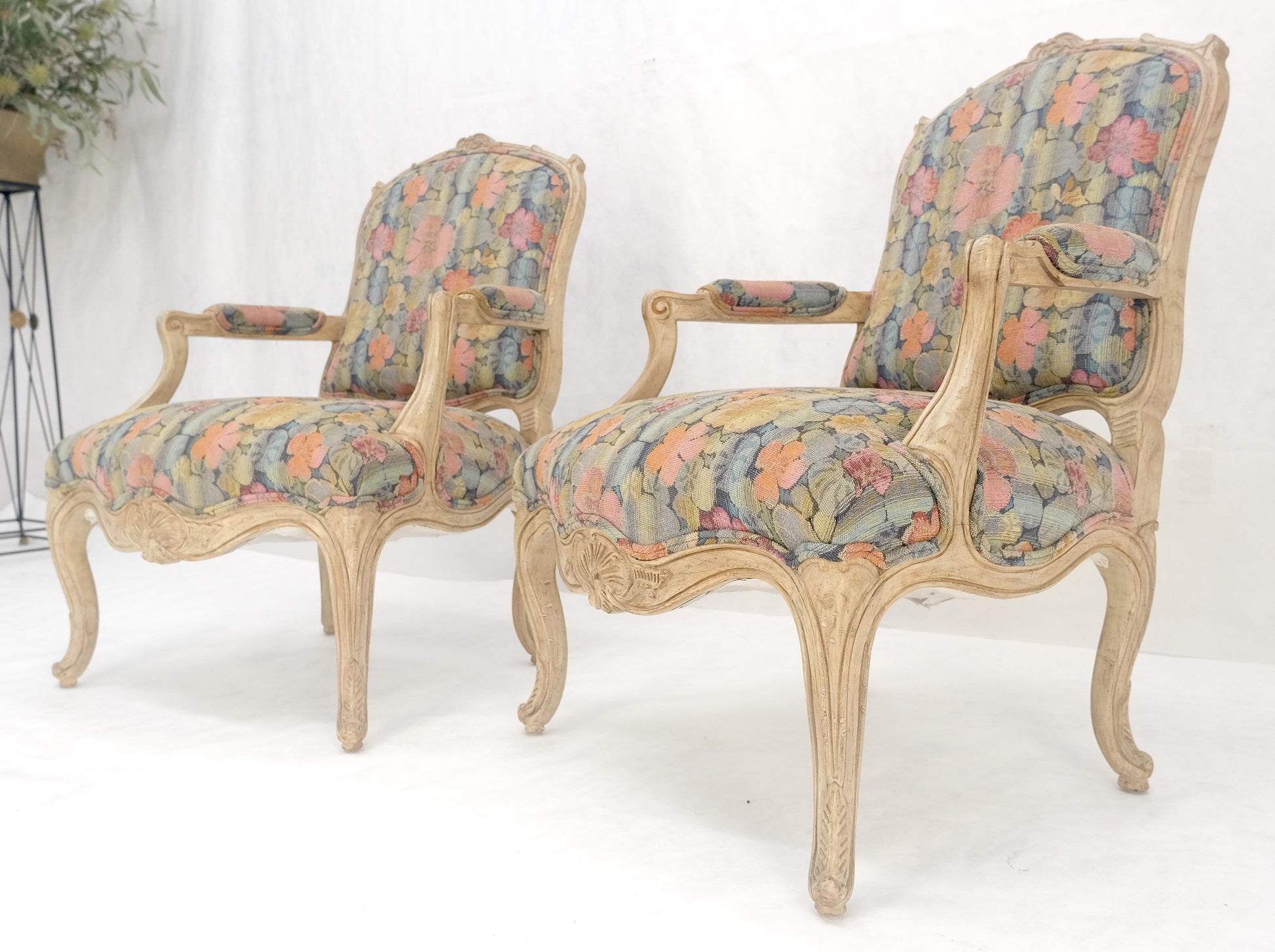 EstablishedLines Pair of French Provincial Decorative Floral Pattern Carved Arm Chairs MINT