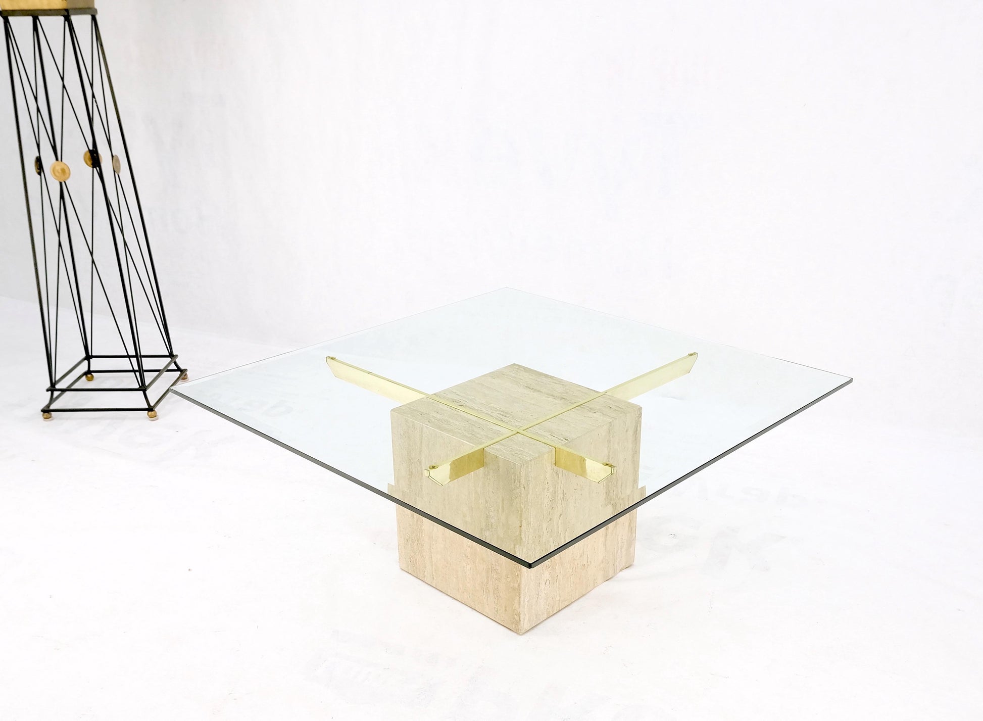 EstablishedLines Brass Travertine Base Glass Top Square Mid-Century Modern Coffee Center Table