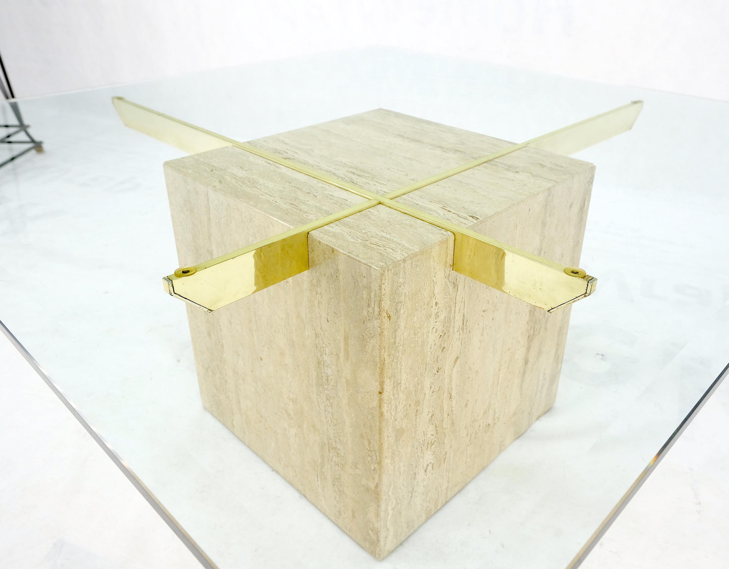 EstablishedLines Brass Travertine Base Glass Top Square Mid-Century Modern Coffee Center Table