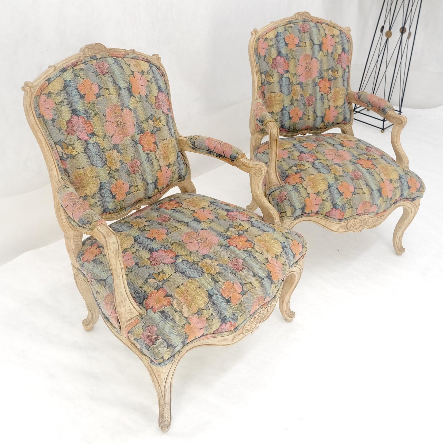 EstablishedLines Pair of French Provincial Decorative Floral Pattern Carved Arm Chairs MINT